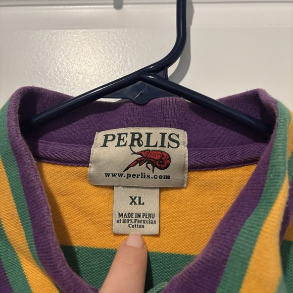 PERLIS Mens USA Mardi Gras Striped Crawfish Cotton Polo Golf Shirt XL Preppy - Picture 4 of 5